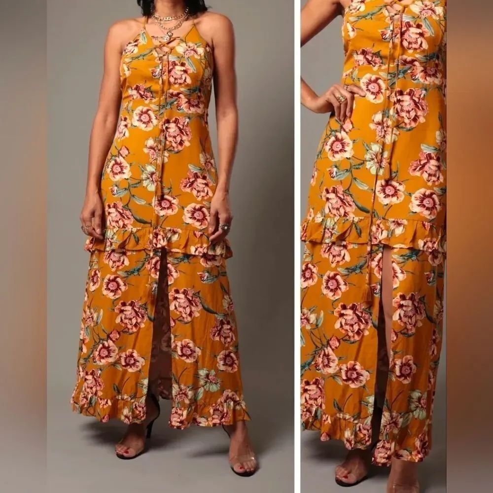 Xhilaration Women's Mustard Boho Floral Maxi Dress Size Large
